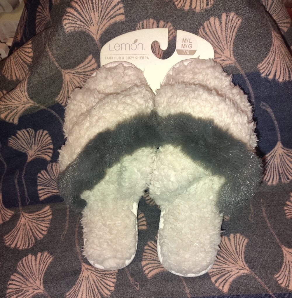 Lemon Cozy Sherpa Kids Slippers - Cream and Gray